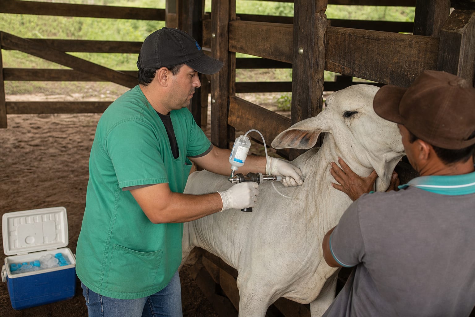 Veterinário aplica vacina em bezerra contida no tronco do curral, com seringa automática e caixa térmica ao lado