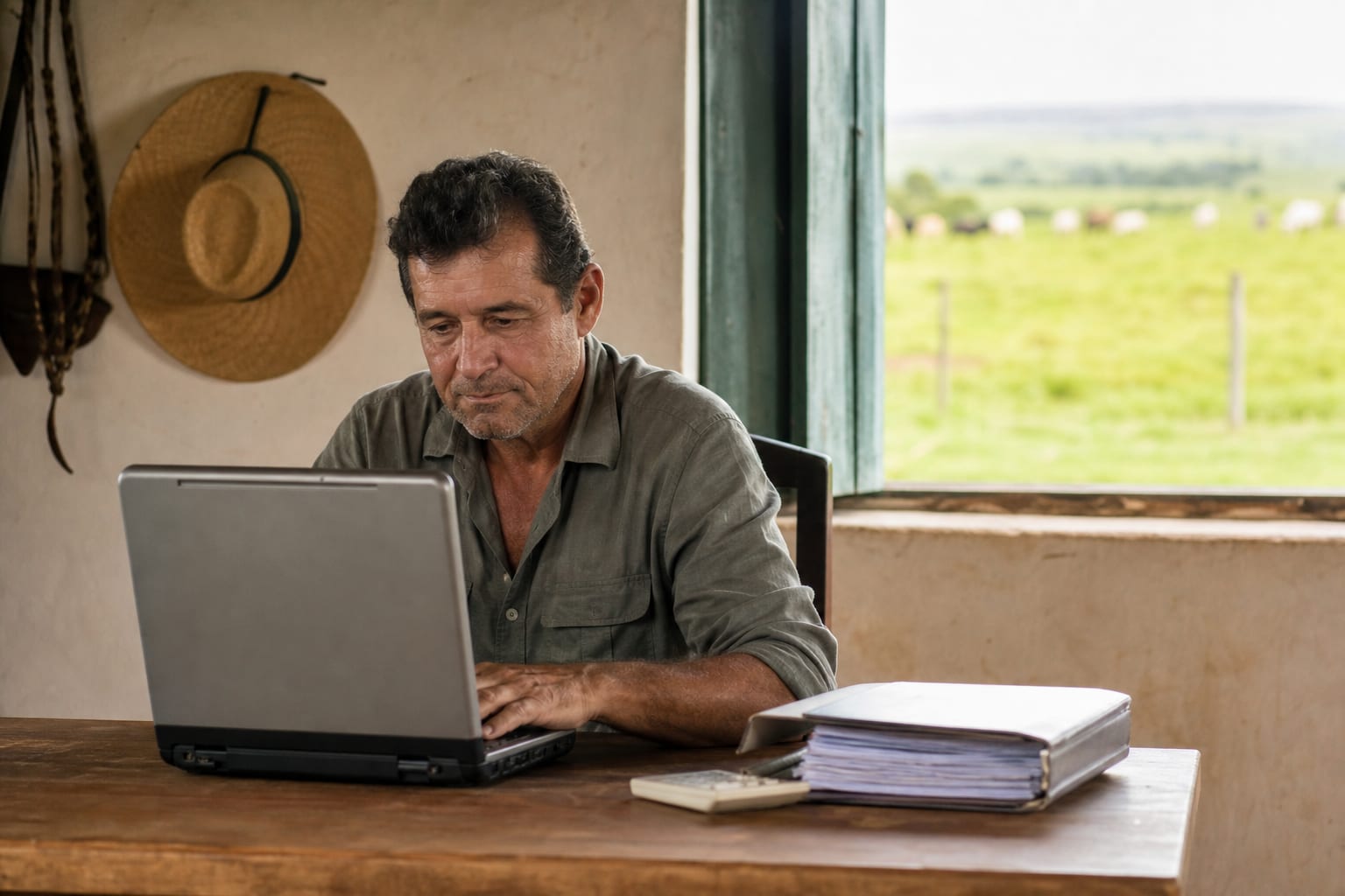 Produtor rural no escritório da sede da fazenda mexendo no computador com pasta de documentos ao lado
