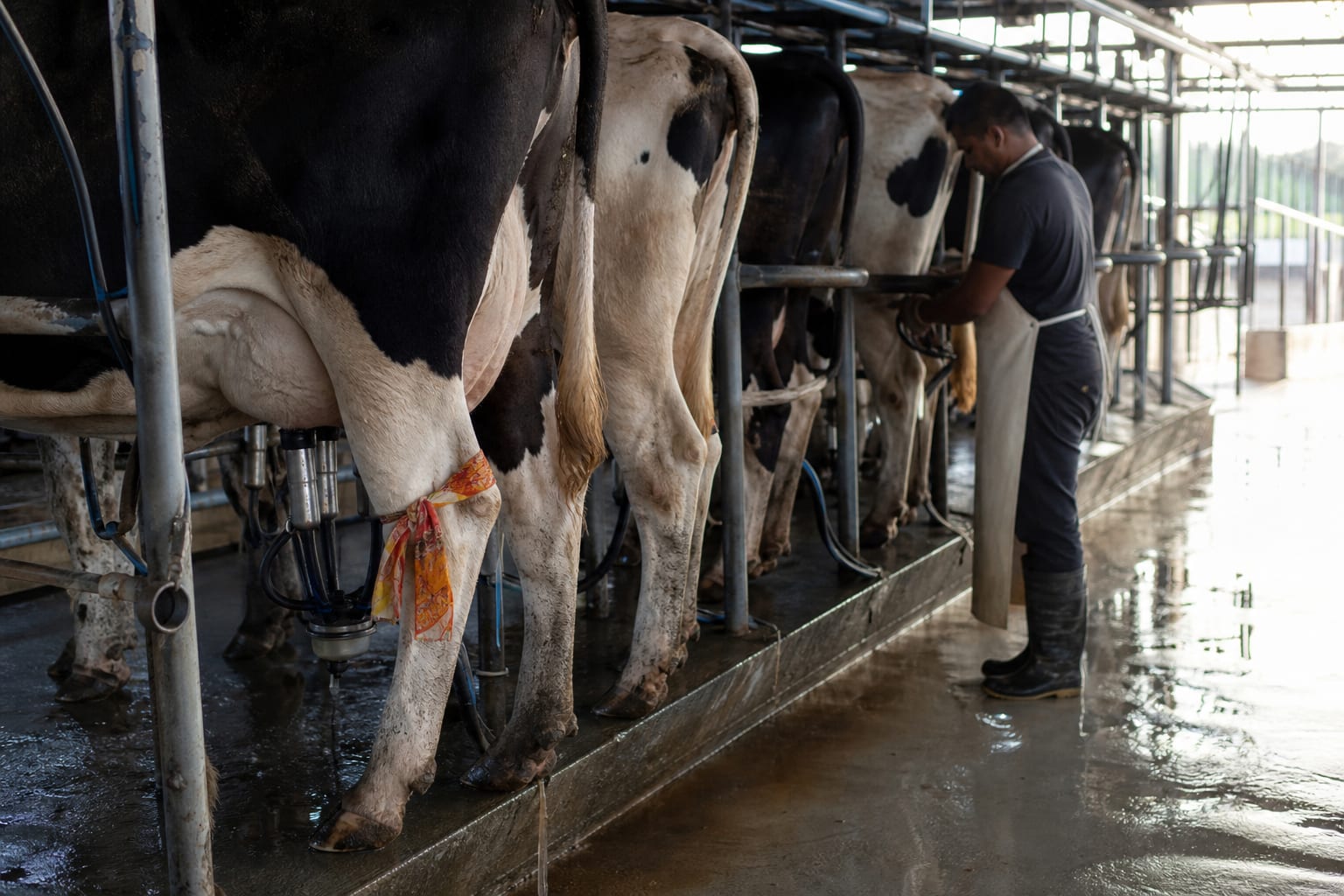 Sala de ordenha com vacas holandesas na linha e uma delas marcada com fita colorida na perna