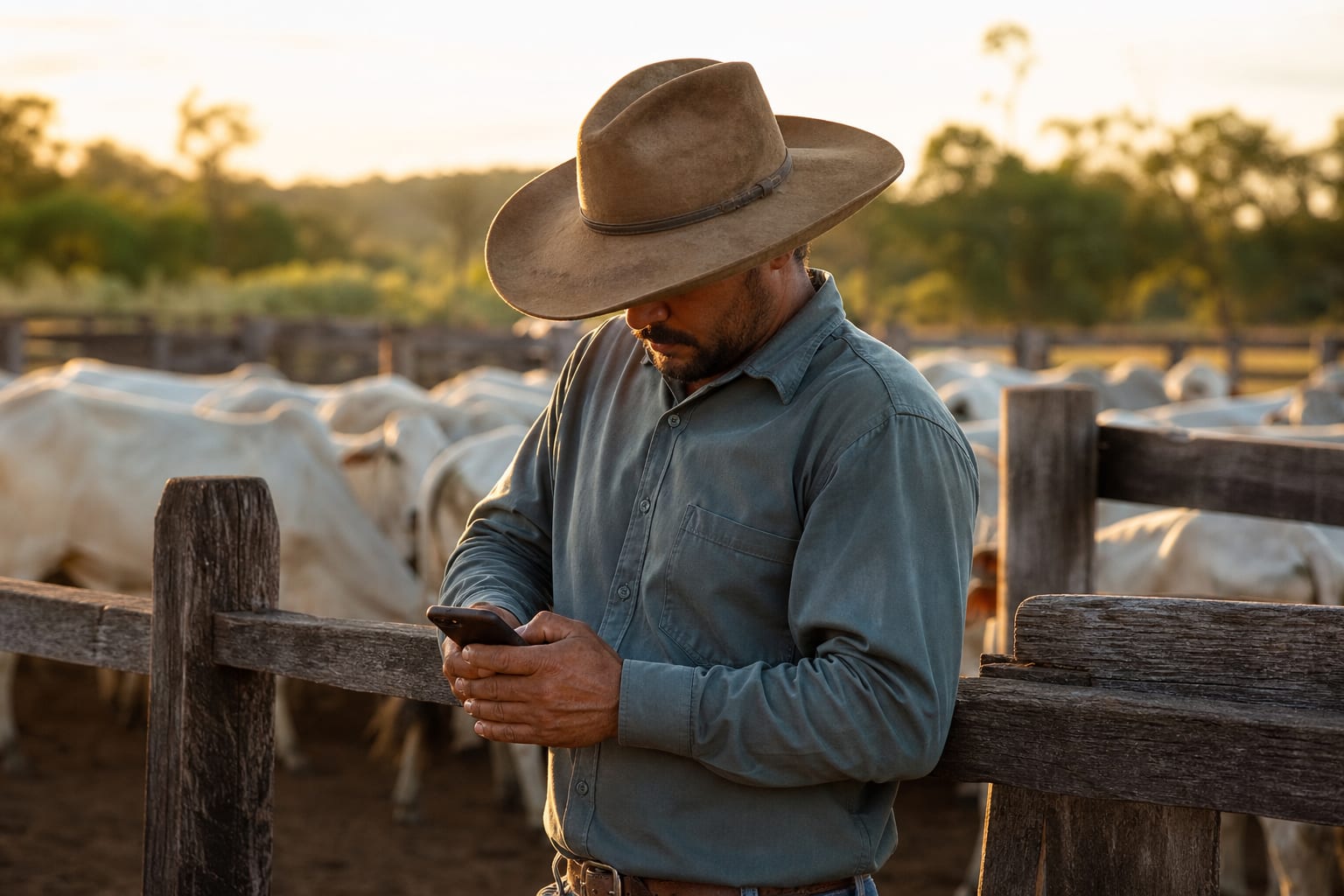 Produtor rural mexendo no celular encostado na cerca do curral com gado ao fundo
